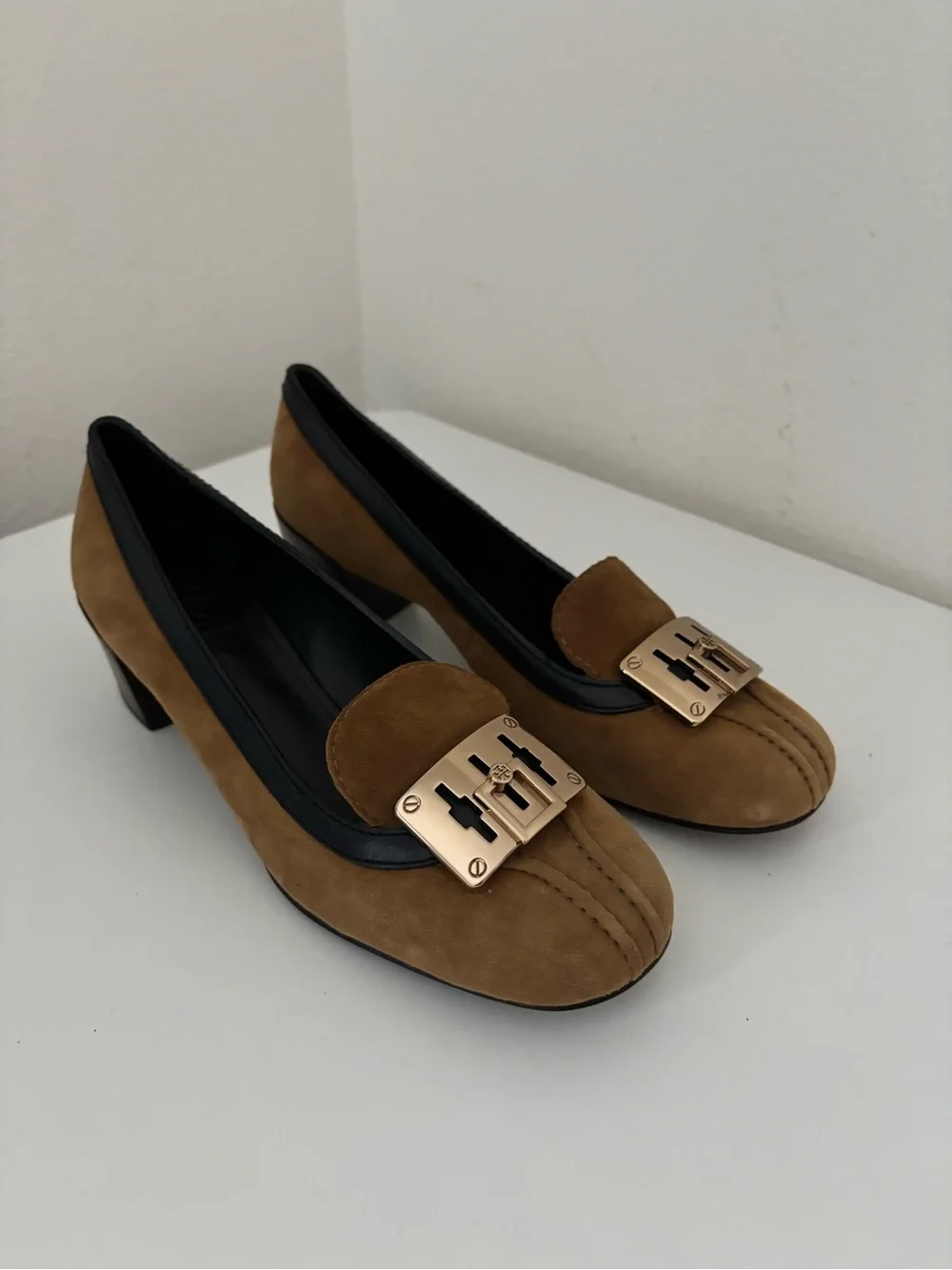 Tory Burch Brown Suede Flats with Gold Tone Buckle